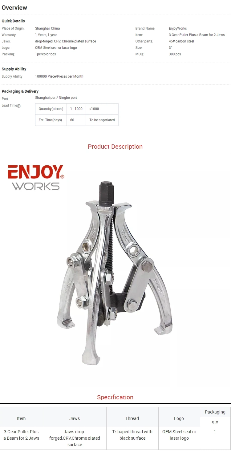 3 Gear Puller Plus a Beam for 2 Jaws, Jaws Drop-Forged, CRV, Chrome Plated Surface